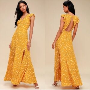 Lulus Fresh Picked Mustard Yellow Floral Print Backless Maxi Dress